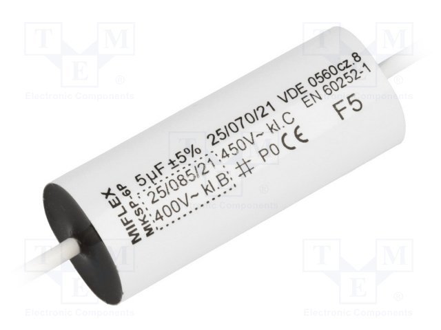 5.0/450V+cable elektromotoru kondensators, Ø16.5x47mm, aksialie izvadi