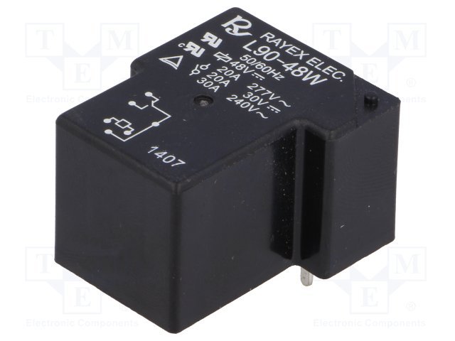 Relejs DC48V, SPDT, 30A/240VAC, 20A/30VDC, 2.56kΩ(18.7mA), viens kontakts uz pārslēgšanu, 32x27x20mm, RAYEX ELECTRONICS