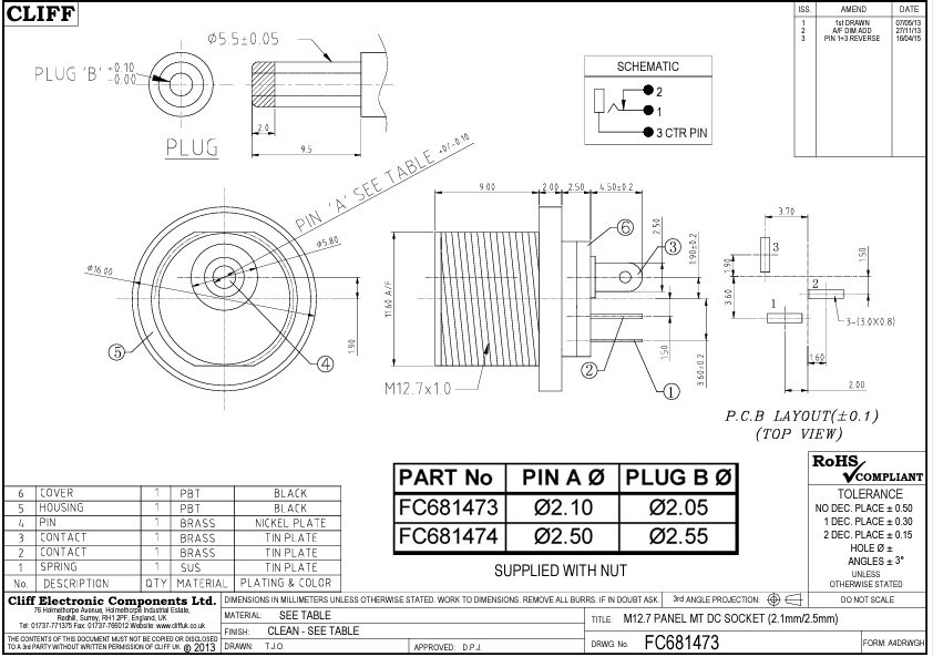 2.1*5.5mm, ligzda, skruvējamā (M12.5x1), on/off, plastmasas, vadam, 0.5A/12VDC, uzgrieznis priekšpusē, CLIFF