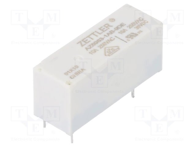 Relejs DC9V, SPST-NO, 10A/240VAC, 10A/30VDC, 360Ω(24.7mA), viens kontakts uz saslēgšanu, 28x10x16.2mm, ZETTLER