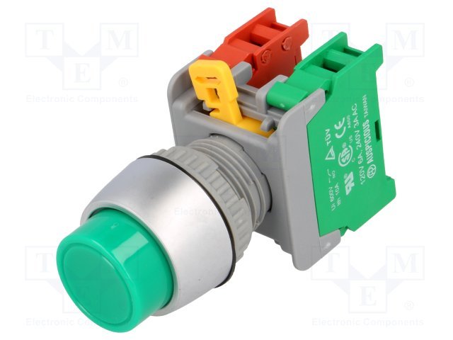 Paneļu slēdzejs, 22mm, 2 poz., OFF-(ON), (uzstājošās zaļā), IP65, 3A/230VAC, divi kont. uz sasl/atslēg. bez fiksācijas