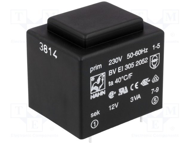 Transformators 220V=>12V, 250mA, 3VA, 32.5x27.5x29.8mm