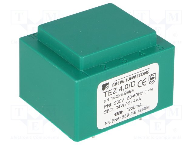 Transformators 220V=>24V, 166.6mA, 4VA, 35x42x29mm
