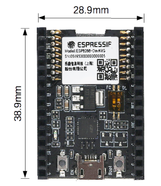 Modulis: WiFi, GPIO, I2C, I2S, SDIO, SPI, UART, analog, ESP8266-DEVKITS, 2MB, USB micro, 38.9x28.9mm