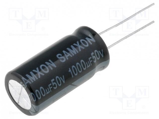 1000/50V, 105C, Ø12.5*25mm, ±20%, Kondensators elektrolītisks, 2000h, SAMXON, ar lokaniem izvadiem