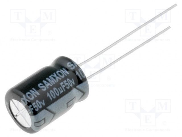 100/50V 105C, Ø8x11.5mm, ±20%, Kondensators elektrolītisks, 1000h, SAMXON, ar lokaniem izvadiem