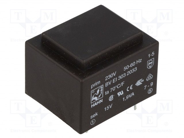 Transformators 220V=>15V, 126mA, 1.9VA, 32.5x27.5x22.5mm