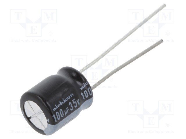 100/35V, 105C, Ø8x9mm, ±20%, Kondensators elektrolītisks, 1000h, NICHICON, ar lokaniem izvadiem