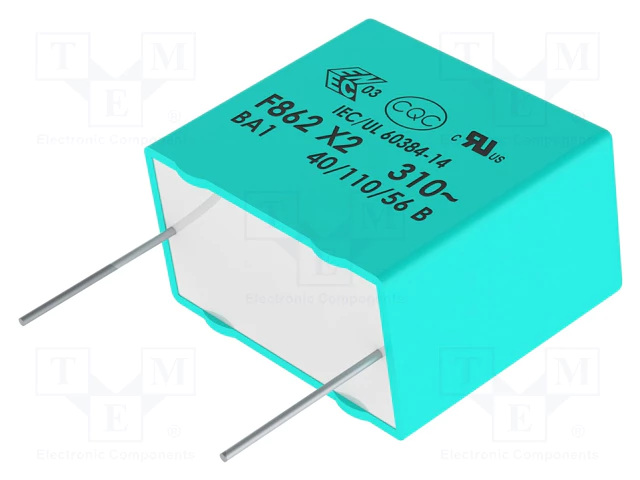 120nF 310VAC plēves kondensatori polipropilēna, ±10%, P15, 18x7.5x13.5mm, traucējumi X2