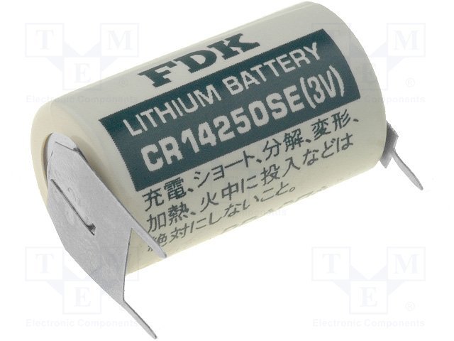 Litija baterija ar cietām kājiņām, 3.0V, 1/2AA, 1/2R6, CR14250, Ø14x25mm, 850mAh, 9gr