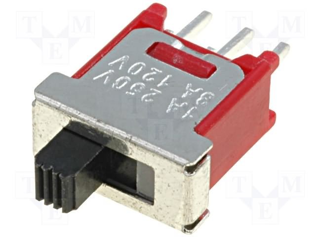 Pārslēdzējs slīdbīdņu SPDT, 3A/120VAC, 3A/28VDC, ON-ON, 10.2x5.08x9.2mm, L=3.1mm, taisns, viens kontakts uz divam stāvoklim