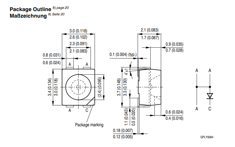 Gaismas diode SMD, sarkans, 3030, PLCC4, 900...2240mcd, 627...639nm, 1.9...2.5V/50mA, 3x3x2.8mm, 120grad., kopējs katods, PLCC4