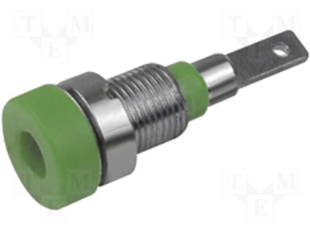 Testera ligzda, 2mm, 10A, L=23mm, šasijai, bez iekšēja aizspiedņa, 2mm banānam, zaļš