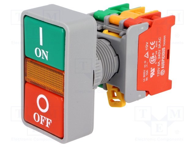 Paneļu slēdzejs, 22mm, 2 poz./2 kont./sarkans/zaļš ON-(OFF)/OFF-(ON), apgaismošana, IP65, 3A/230VAC