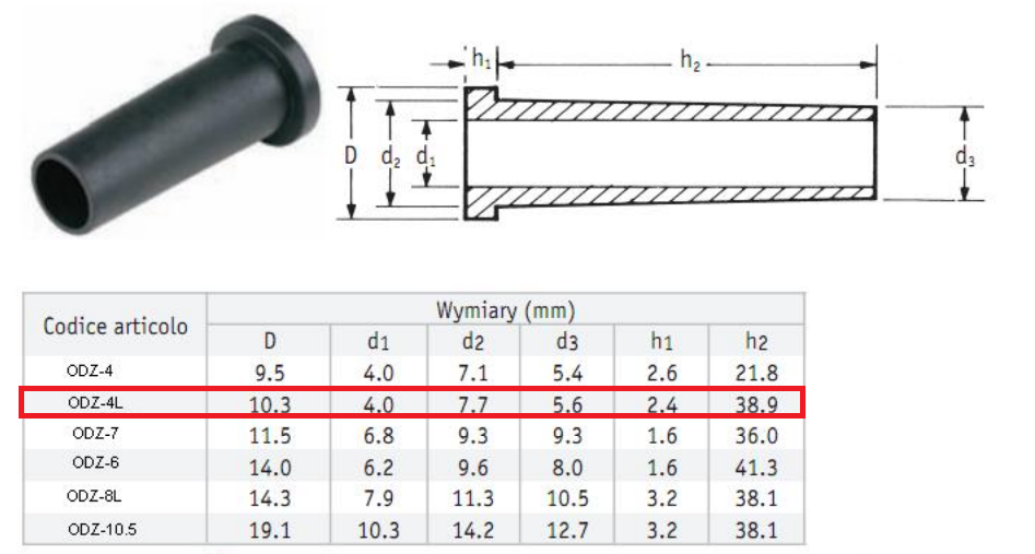 Kabeļu ievade gumijas d=4/D=7.5/h=2.4/L=38.9mm