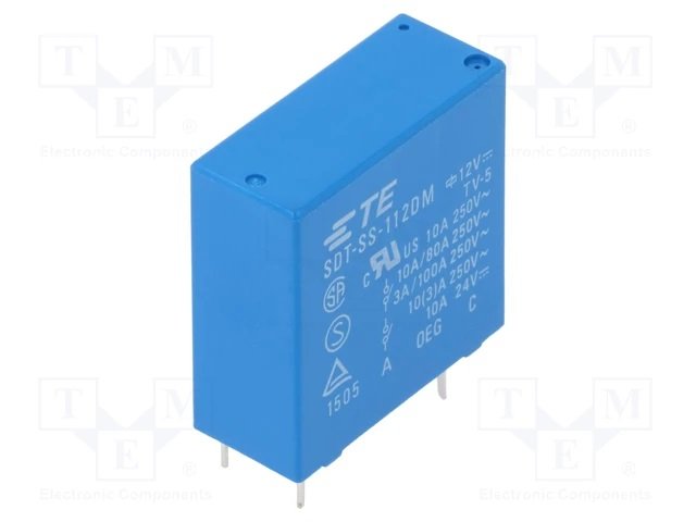 Relejs DC12V, SPST-NO, 10A/250VAC, 10A/24VDC, 620R(19.3mA), viens kontakts uz saslēgšanu, 24x10x25mm, TE Connectivity