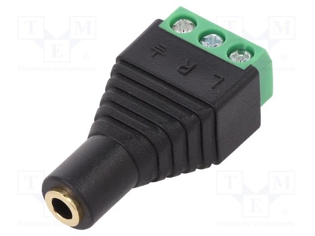 3.5mm ligzda, stereo, plastmasas, uz vadu, ar terminalbloku aizmugurā