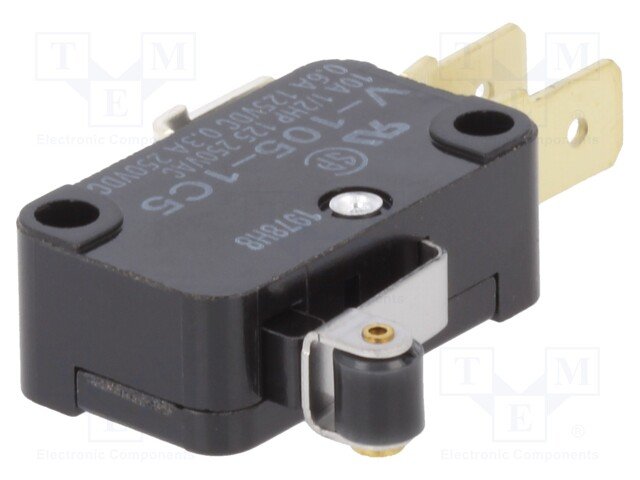 Mikropārslēdzējs ar sviru (ar ruliti) L=12mm, SPDT, ON-(ON), 10A/250VAC, IP40, 27.8x10.3x15.9mm, viens kontakts, OMRON