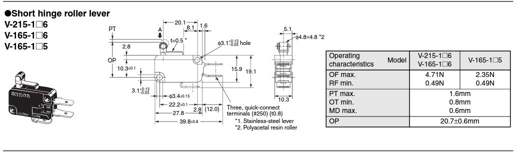 Mikropārslēdzējs ar sviru (ar ruliti) L=12mm, SPDT, ON-(ON), 10A/250VAC, IP40, 27.8x10.3x15.9mm, viens kontakts, OMRON