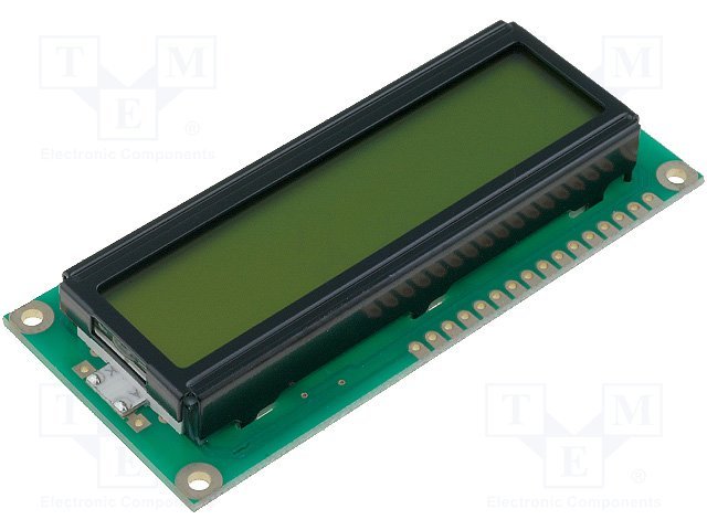Šķidrā kristala displejs 16x2, STN Positive, kontakti no lejas, zaļa krasa, LED dzeltenzaļš, 85x30x12.5mm