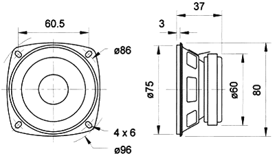 Skaļrunis 10W, 8R, 130...20000Hz, 86dB, 60.5x60.5x37mm, VISATON