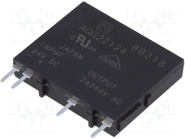 AQG22124 Pusvadītāju relejs, 1 fāze, Uspol=19.2..28.8VDC, Ukom=75...264VAC, 2A, 24.5x20.5x4.5mm, zero voltage switching, PANASONIC