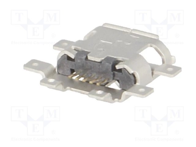 MicroUSB-B, ligzda 5 pin, leņkisks, SMD veida, vidū platei, 6 piestiprinājuma punkti, MOLEX