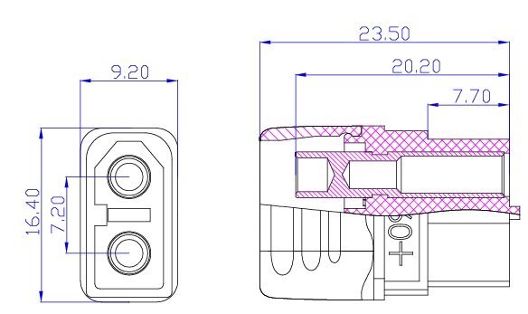 2Pin, XT60, "mama", 500V, 30A, 12AWG, lodejama vadam, ar aizmugures vāku
