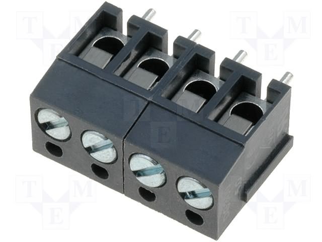 Terminal Blocks PCB, ar skrūvēm, 4pin, 5mm, 2.5mm2, 250V/16A, 12.5x9x20mm, peleka krasa