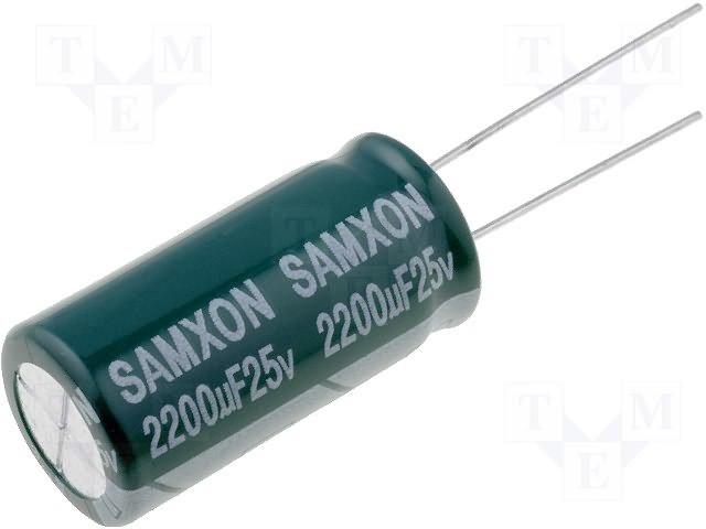 2200/25V, 105C, Ø12.5x25mm, ±20%, Kondensatori zemas induktivitātes, 4000h, SAMXON, ar lokaniem izvadiem