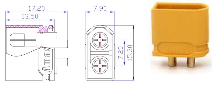 2Pin, XT60, "papa", 500V, 30A, 12AWG, lodejama vadam, bez aizmugures vāka