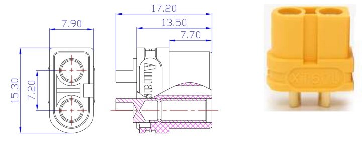 2Pin, XT60, "mama", 500V, 30A, 12AWG, lodejama vadam, bez aizmugures vāka