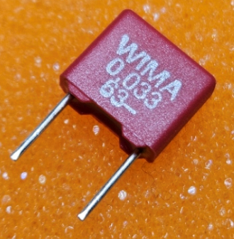 33nF/63VDC, 40VAC, ±10%, poliesters kondensātors, 5mm, 2.5x6.5x7.2mm, WIMA