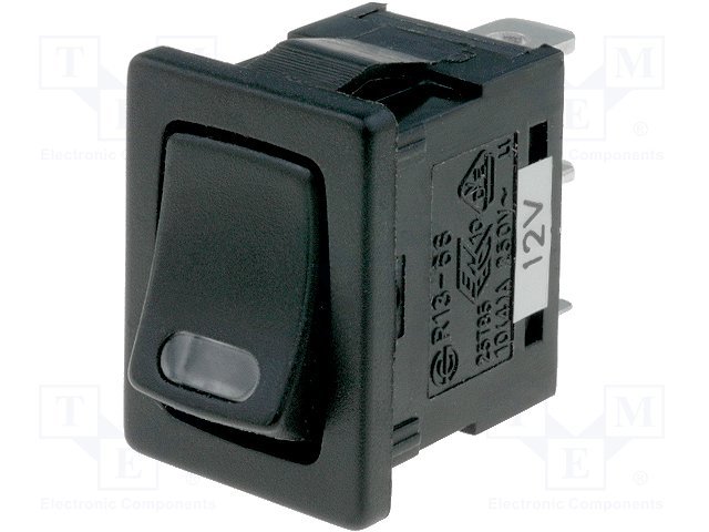 Taustiņslēdzis SPST, OFF-(ON), 16A/12VDC, 15x21mm, LED12V(sark.), melna krasa, bez fiksacijas