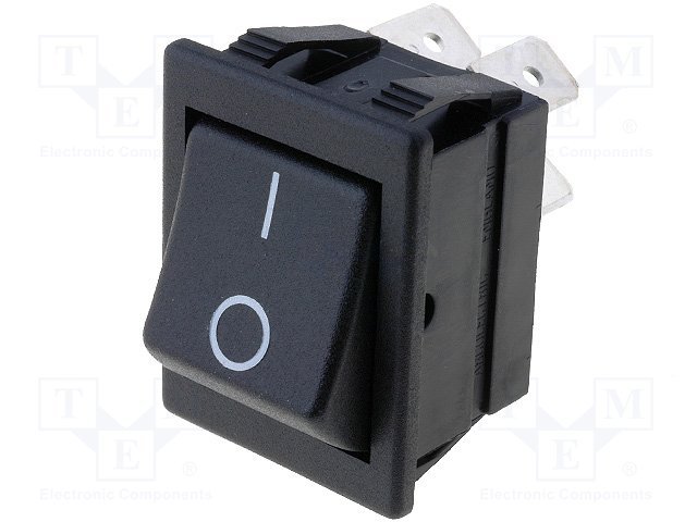 Taustiņslēdzis DPST, ON-OFF, 15A/230VAC, 20A/28VDC, 33.4x25x27.3mm, melnā krasa, ar fiksāciju