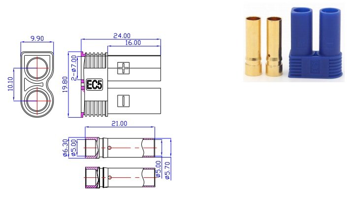 2Pin, EC5, "papa", lodējama vadam, 500V, 40A, 10AWG(5.26mm2), zila krasa, gold flash