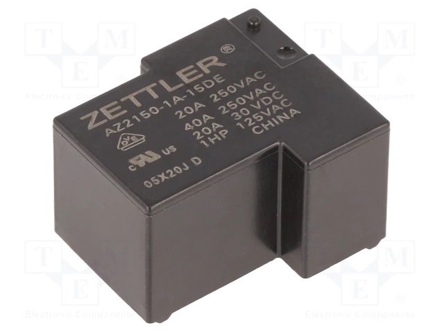 Relejs DC15V, SPST-NO, 40A/250VAC, 20A/30VDC, 256Ω(57mA), viens kontakts uz pārslēgšanu, 19.1x26.9x31.8mm, ZETTLER