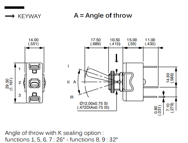 Tumblers, SP3T, (ON)-OFF-(ON), 10A/250VAC, 5A/24VDC, screw terminals, M12, 29.5x14.5x15mm, APEM, bez fiksacijas