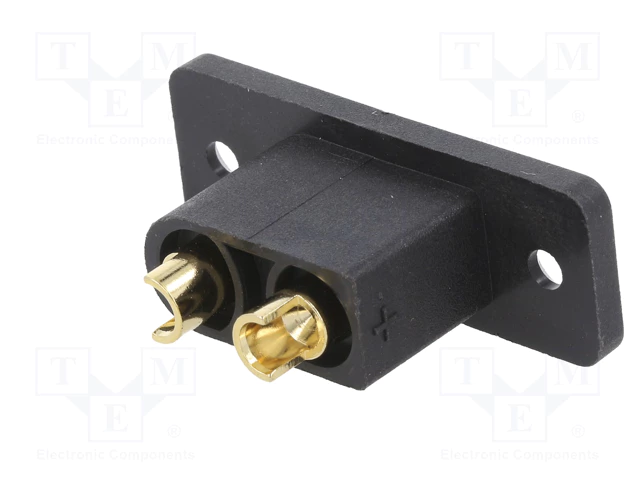 2Pin, XT90, "papa", 500V, 30A, 12AWG, lodejama, uz paneli, atloku (2 atveres)