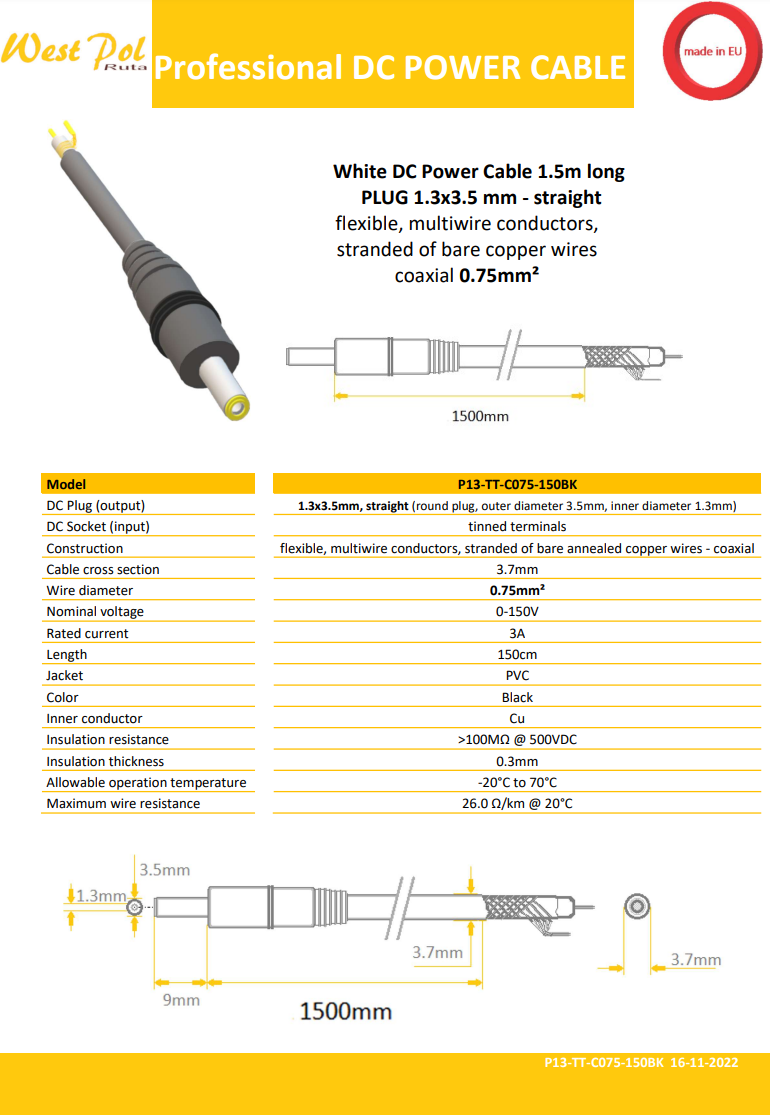 3.5*1.3mm, L=9mm, taisns štekers, 100V/3A, 0.75mm2, ar vadu 1.5m