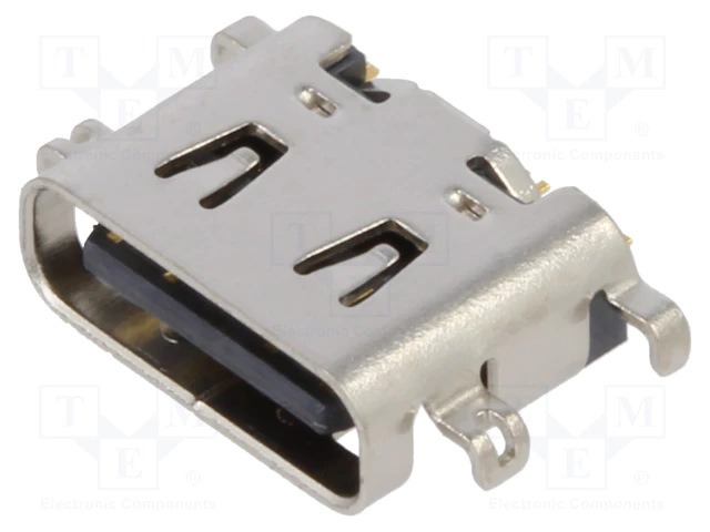 USB-C (type C), 2.0, ligzda uz šasija, SMT, vidū platei, 4 piestiprinājuma punkti, 16pin