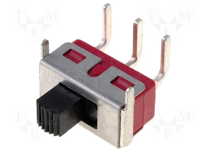 Pārslēdzējs slīdbīdņu SPDT, 3A/250VAC, 6A/28VDC; ON-ON, 13.6x6.7x6.7mm, L=4.65mm, leņķisks, viens kontakts uz divam stāvoklim