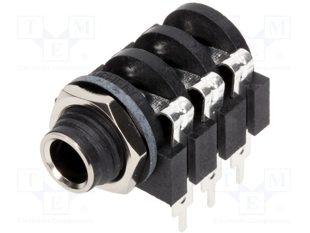 6.35mm ligzda, stereo, plastmasas, THT, skrūvejamas šasijai M9, metāla uzgrieznis, 2 x on/off, AMPHENOL