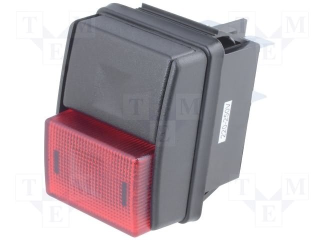 Taustiņslēdzis DPST, OFF-ON, 10A/250VAC, 30.4x22.2mm, apg. 230VAC, sarkans/melns, push-button, ar fiksāciju