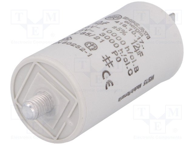 12.0/425VAC, ±5%, elektromotoru kondensators, klemes 6.3mm, 10000h, M8, Ø36x70mm