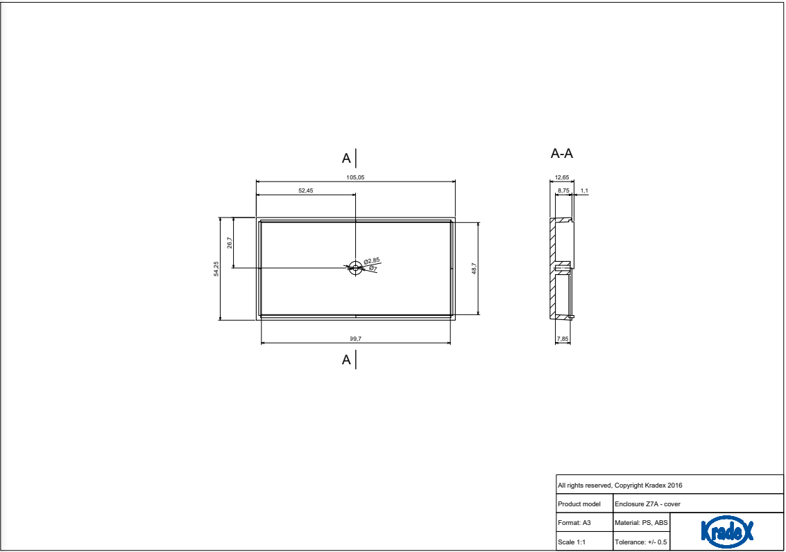 Plastmasas korpuss, 55x106x31.7mm, polistirens, pelekā krasa