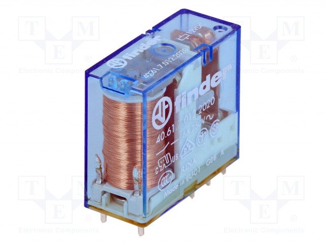 Relejs DC12V, SPDT, 16A/250VAC, 16A/30VDC, 300R(40mA), viens kontakts, AgCdO, 29x12.4x25mm, caurspidigs korpuss, FINDER