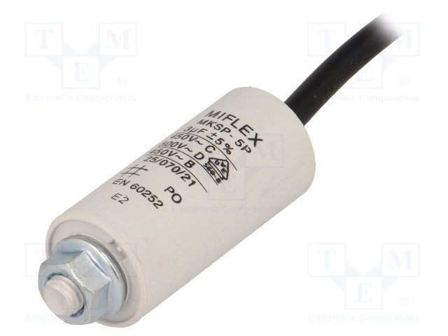 3.0/425VAC+cable elektromotoru kondensators, ±10%, Ø25x53mm, M8, 10000h