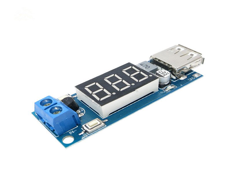 Modulis: Pārveidotājs, step down, Uie=4.5...40V, Uiz=5V/2A(USB2.0), voltmeters, 58x21x10mm, XL1509