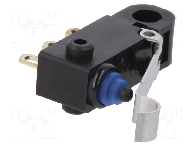 Mikropārslēdzējs ar sviru (ar izliekto galu) L=15mm, SPDT, ON-(ON), 0.1A/125VAC, 2A/12VDC, IP67, 18.5x5.3x6.5mm, vadam, OMRON